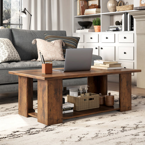 Large 36/41 Inch 2-tier Wooden Modern Coffee Table with Storage Shelf, Coffee
