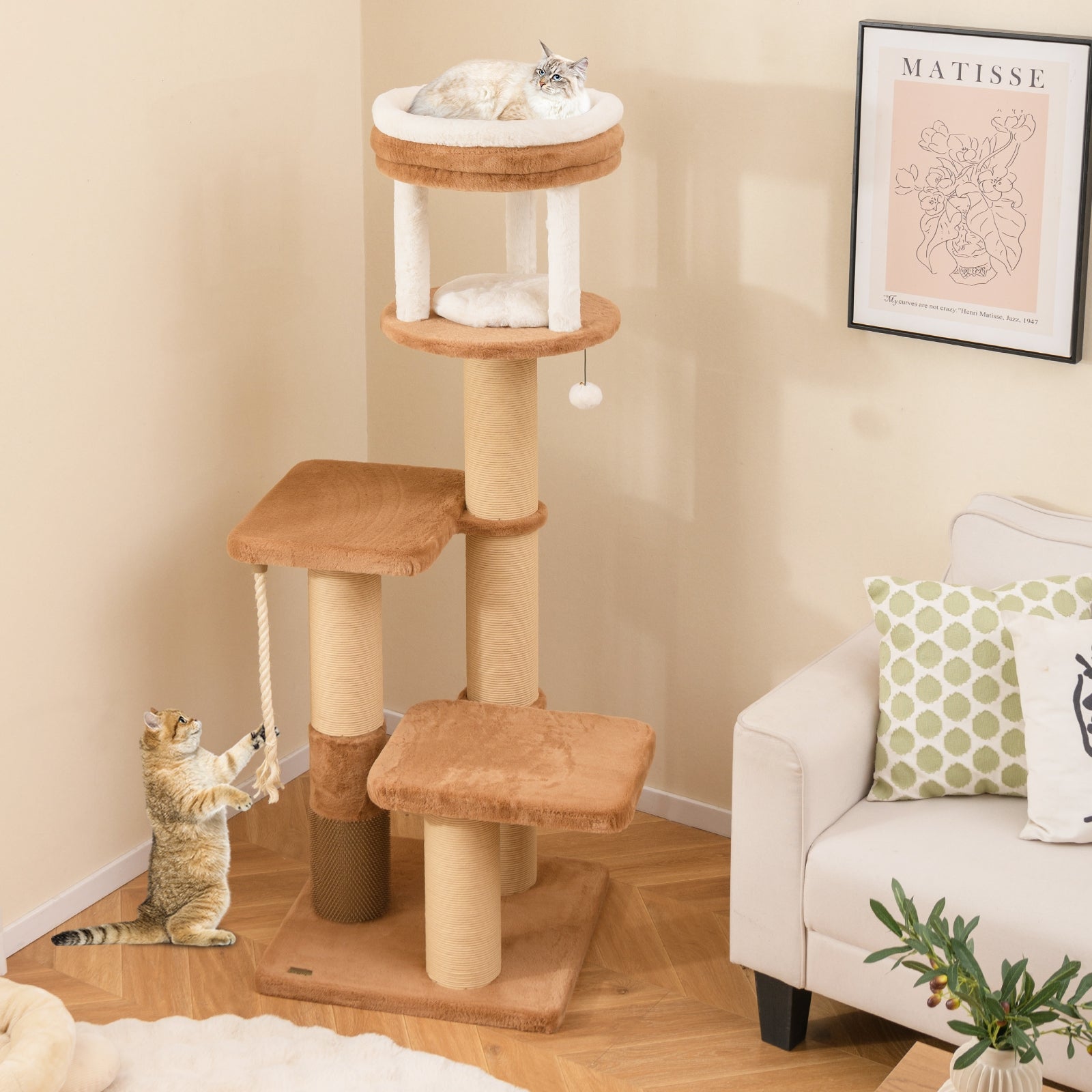 65 Inches Tall Cat Tree with Self-groomer and Removable Cat Bed, Coffee Cat Trees Condos & Scratchers at Gallery Canada