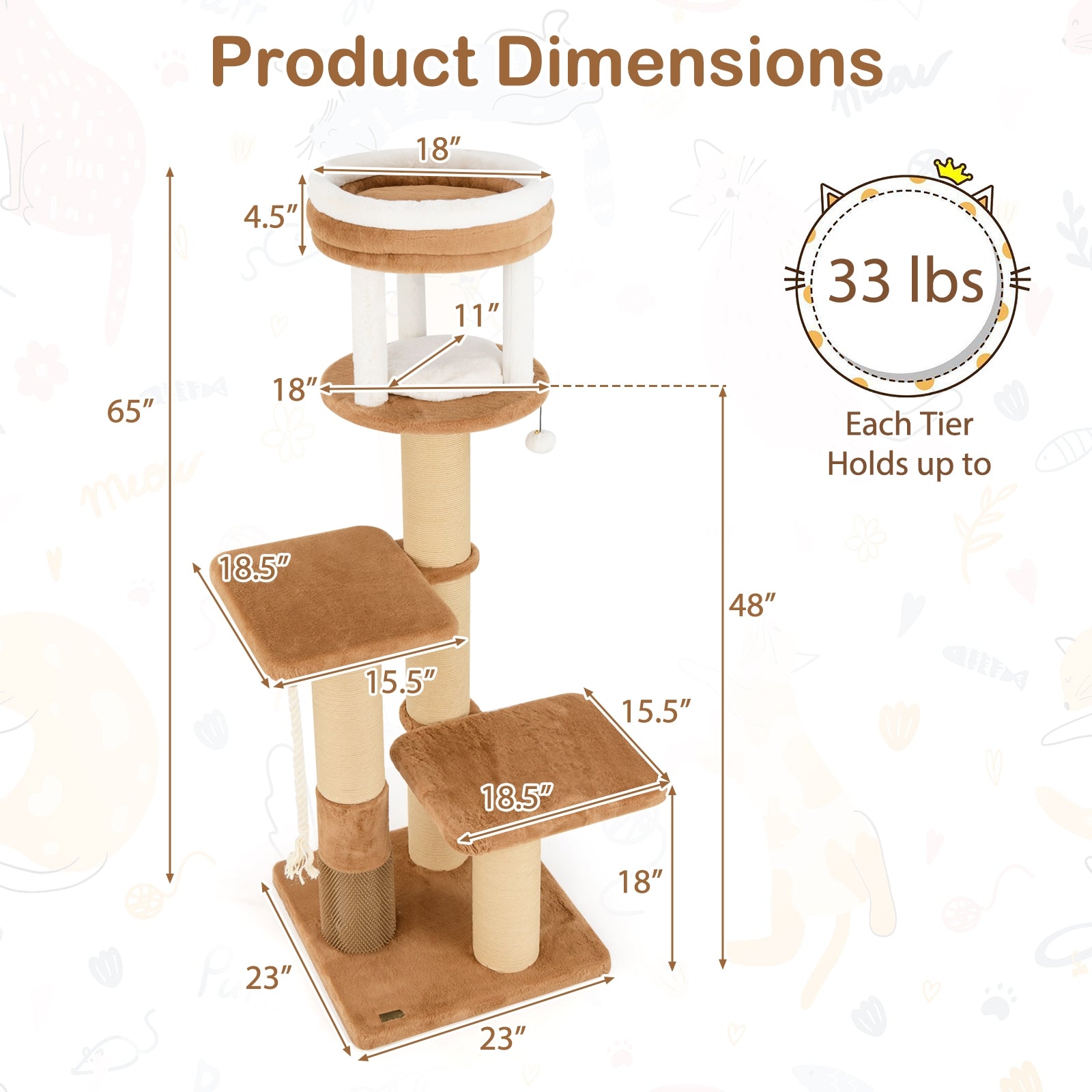 65 Inches Tall Cat Tree with Self-groomer and Removable Cat Bed, Coffee Cat Trees Condos & Scratchers at Gallery Canada