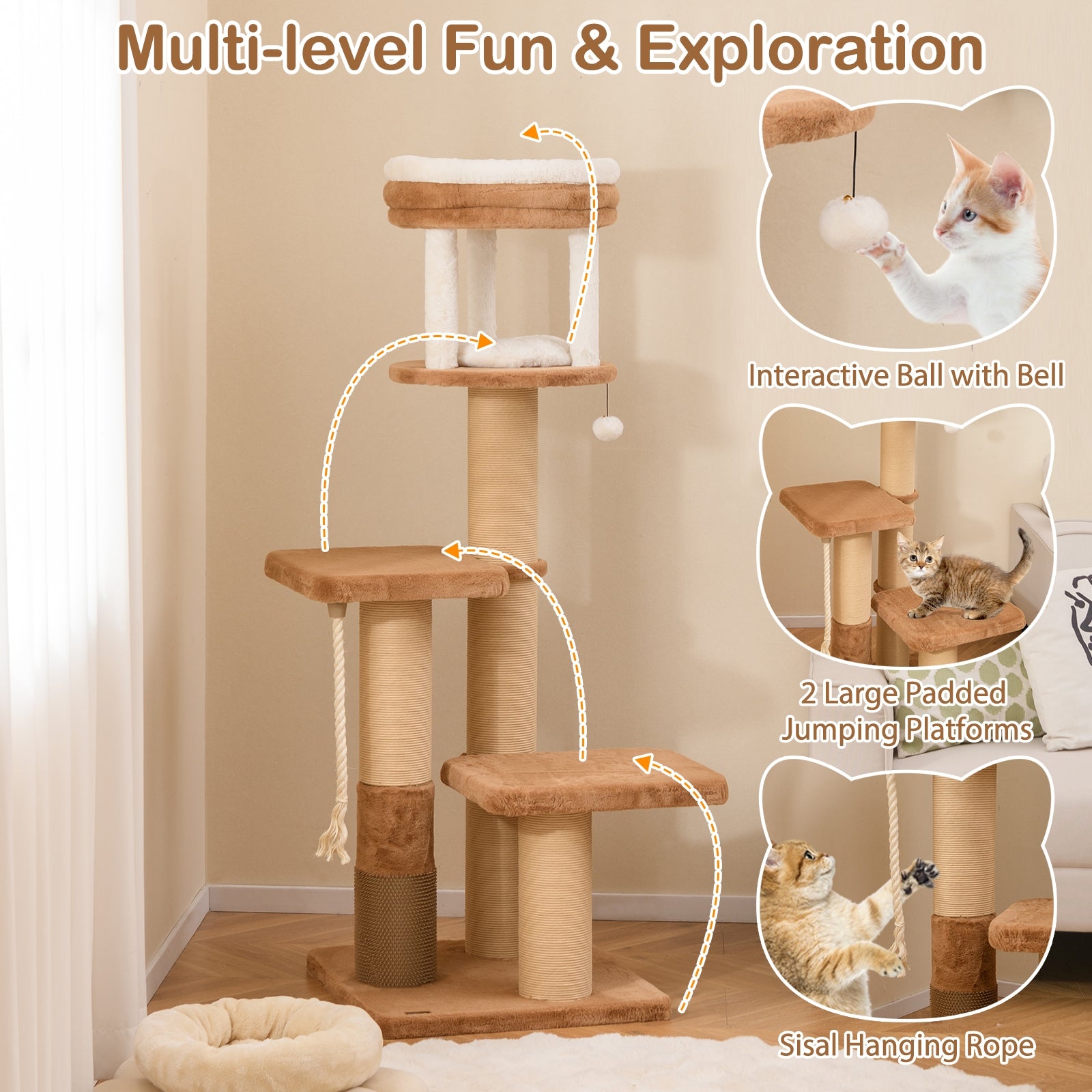 65 Inches Tall Cat Tree with Self-groomer and Removable Cat Bed, Coffee Cat Trees Condos & Scratchers at Gallery Canada