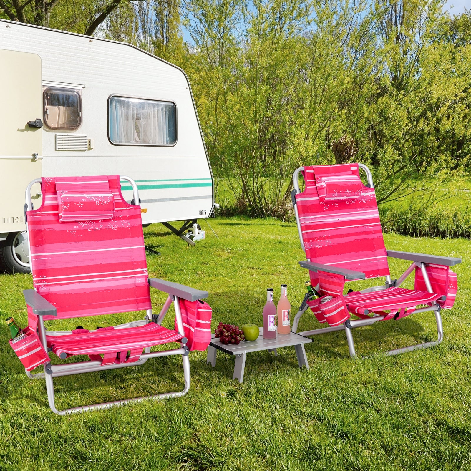 2 Packs 5-Position Outdoor Folding Backpack Beach Table Chair Reclining Chair Set-Hot Pink, Pink Beach & Lawn Chairs at Gallery Canada