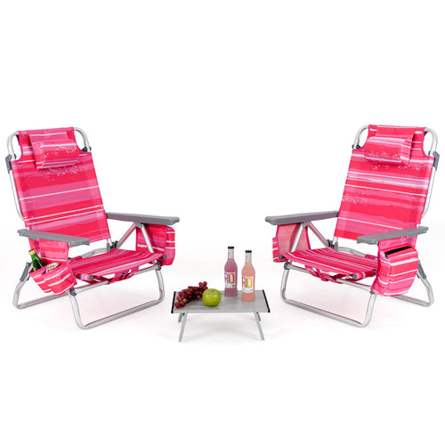 2 Packs 5-Position Outdoor Folding Backpack Beach Table Chair Reclining Chair Set-Hot Pink, Pink