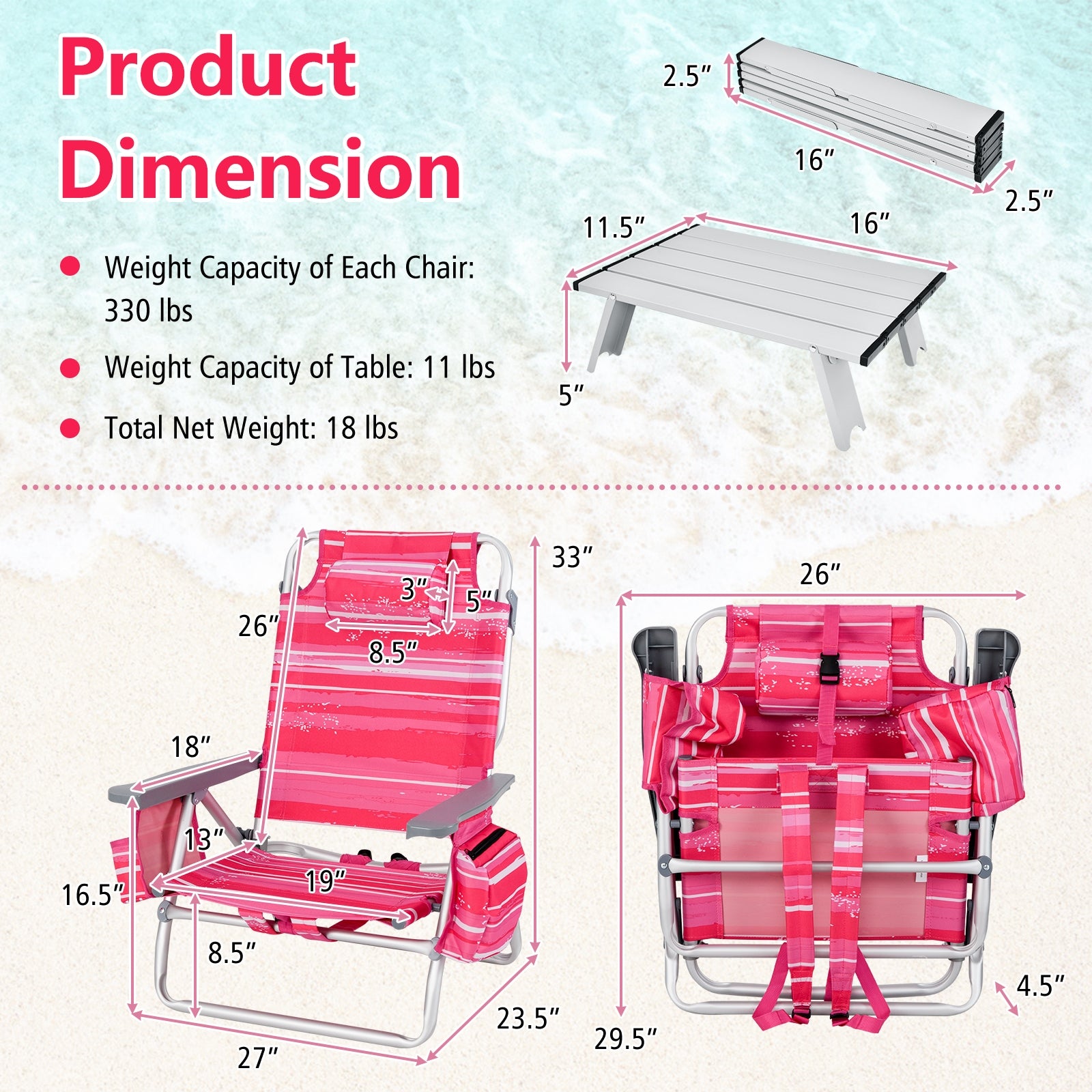 2 Packs 5-Position Outdoor Folding Backpack Beach Table Chair Reclining Chair Set-Hot Pink, Pink Beach & Lawn Chairs at Gallery Canada