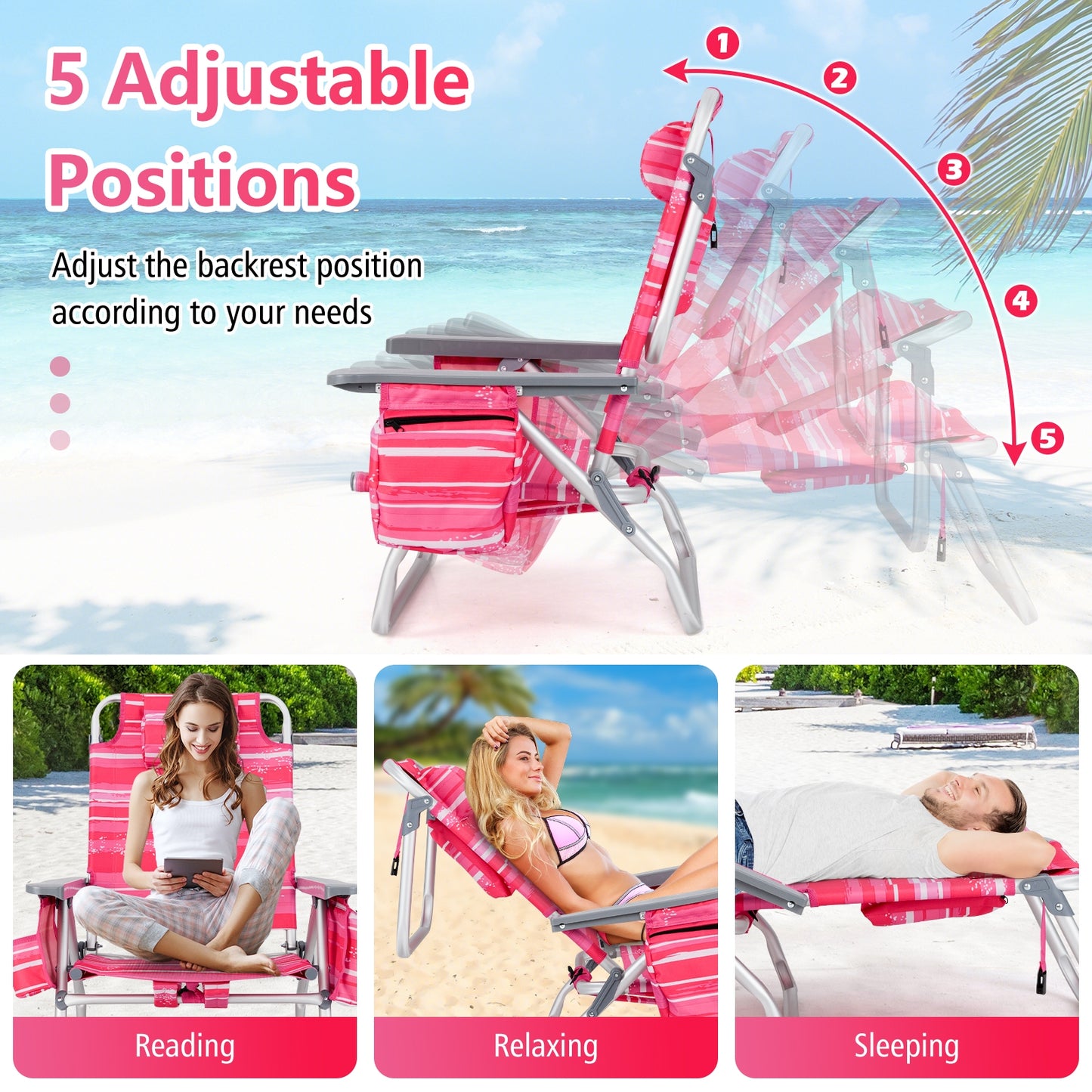 2 Packs 5-Position Outdoor Folding Backpack Beach Table Chair Reclining Chair Set-Hot Pink, Pink Beach & Lawn Chairs at Gallery Canada