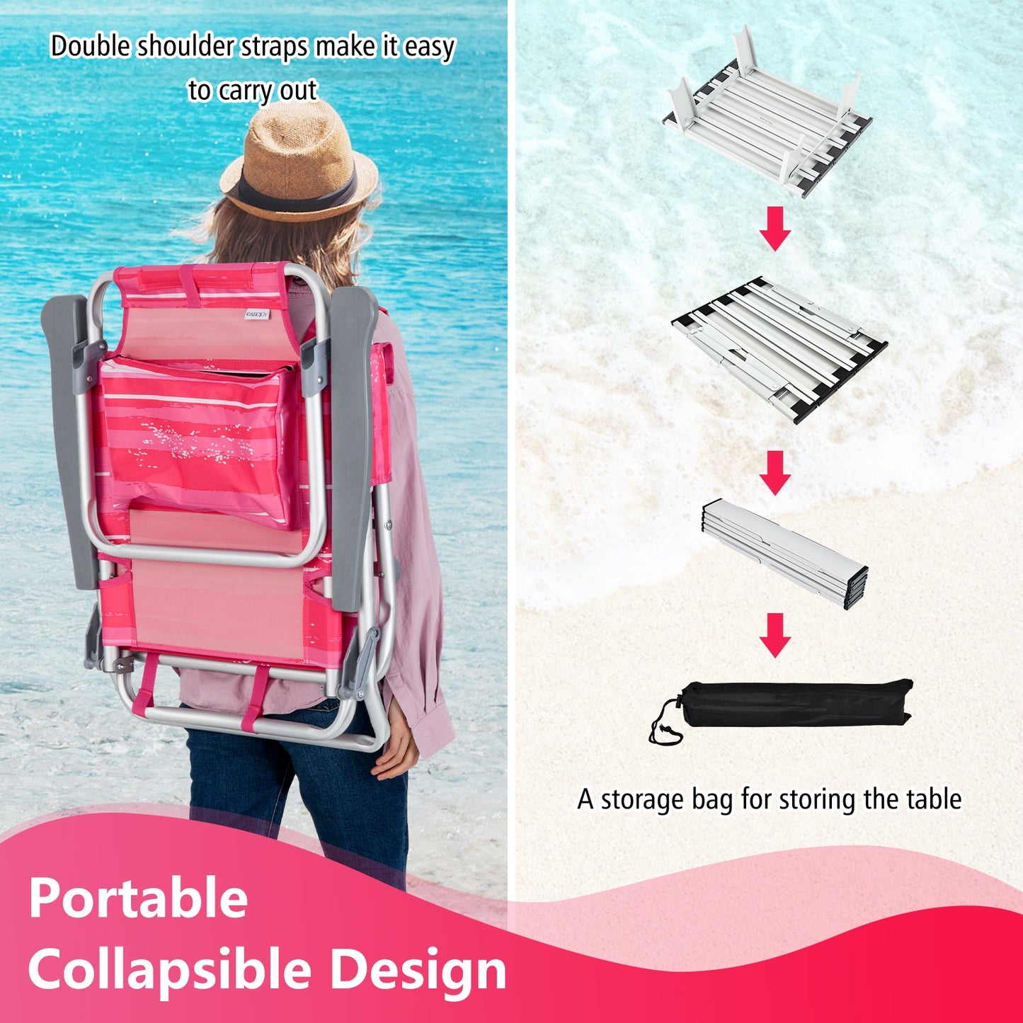 2 Packs 5-Position Outdoor Folding Backpack Beach Table Chair Reclining Chair Set-Hot Pink, Pink Beach & Lawn Chairs at Gallery Canada