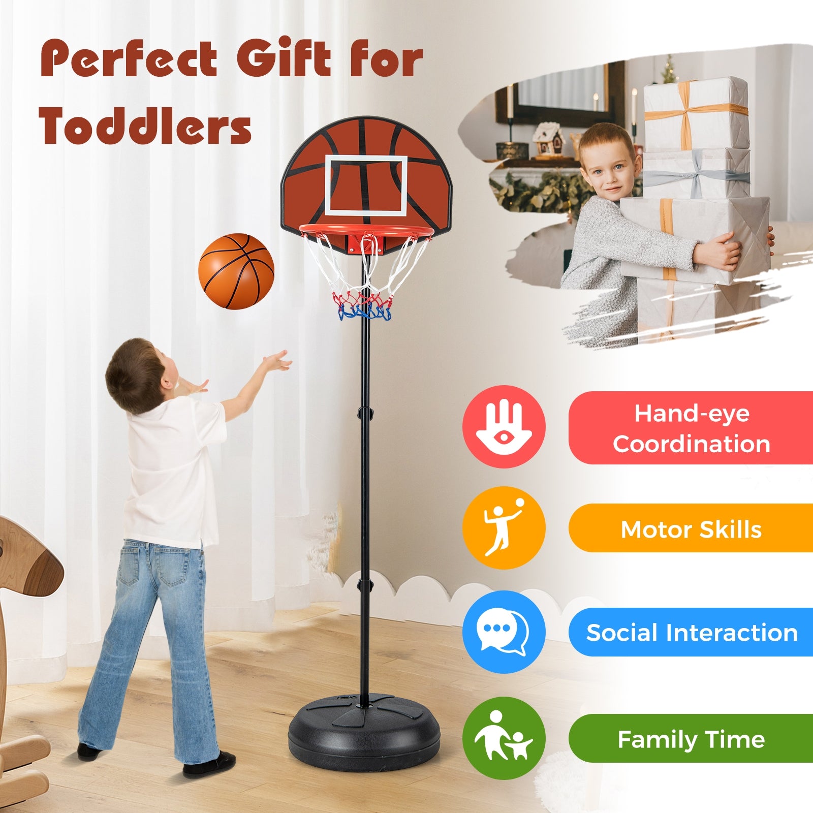 2-in-1 Height Adjustable Kids Basketball Hoop with Dart Board, Black Sport Equipments at Gallery Canada