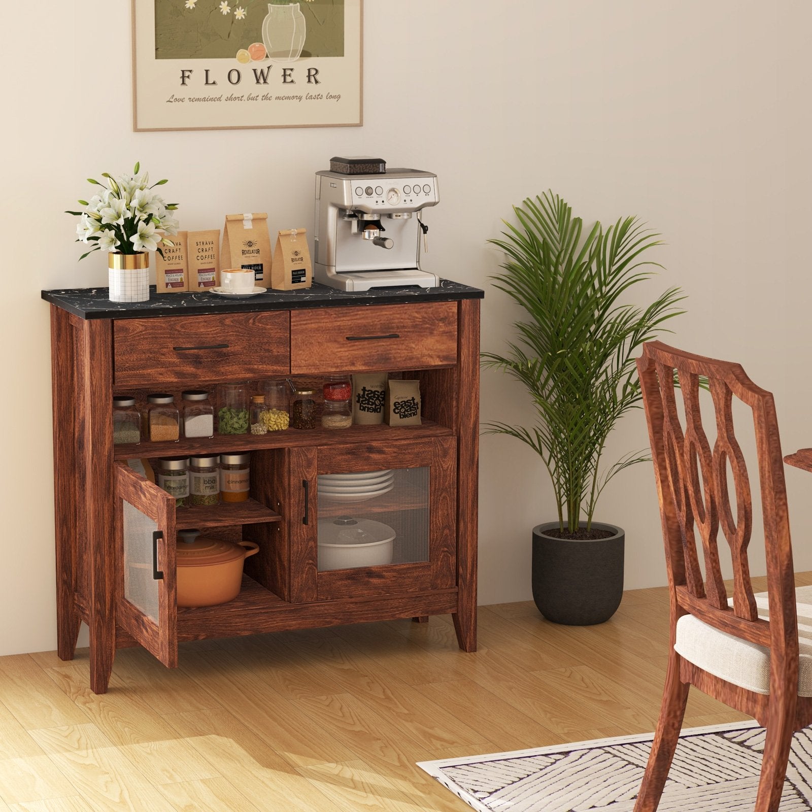 Coffee Bar Cabinet with 2 Drawers and 1 Open Compartment, Brown Kitchen Islands & Carts at Gallery Canada