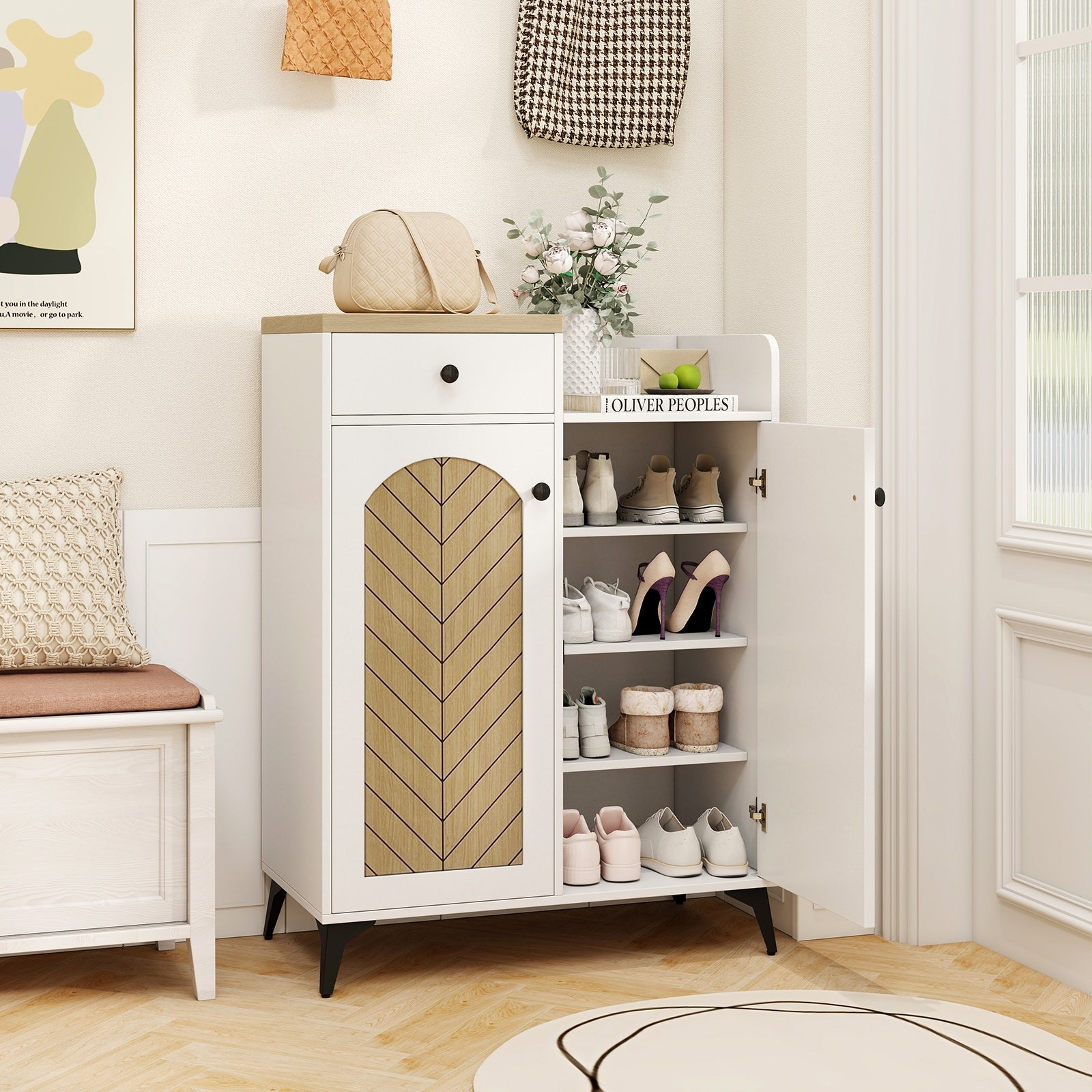 2-Door Shoe Rack Organizer with Drawer and 6 Removable Shelves, White Shoe Racks & Storage Benches at Gallery Canada