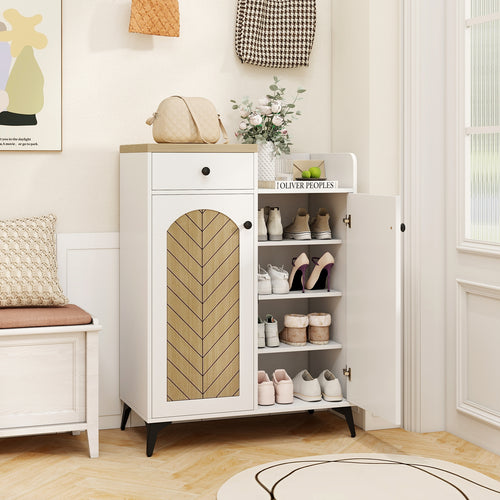 2-Door Shoe Rack Organizer with Drawer and 6 Removable Shelves, White