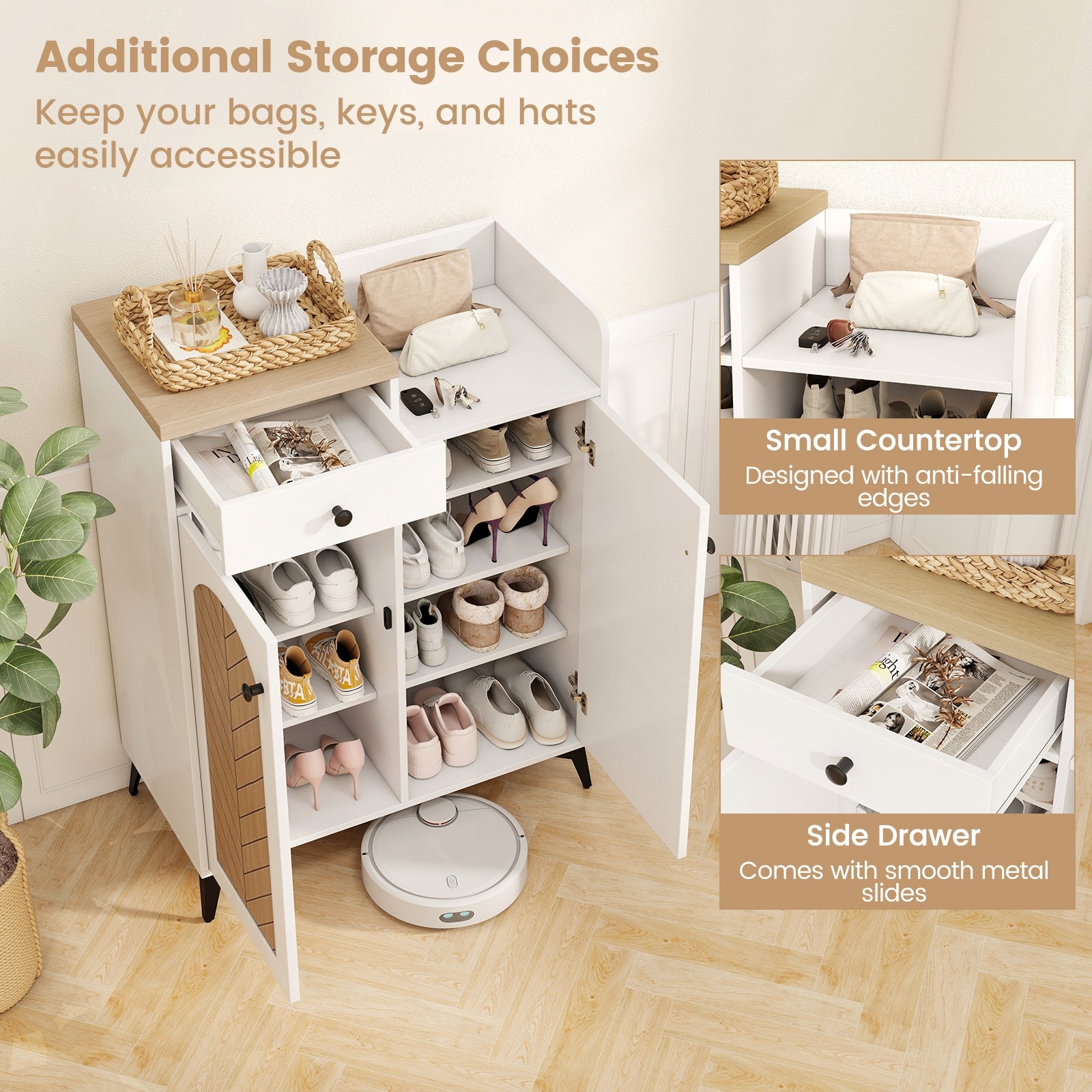 2-Door Shoe Rack Organizer with Drawer and 6 Removable Shelves, White Shoe Racks & Storage Benches at Gallery Canada