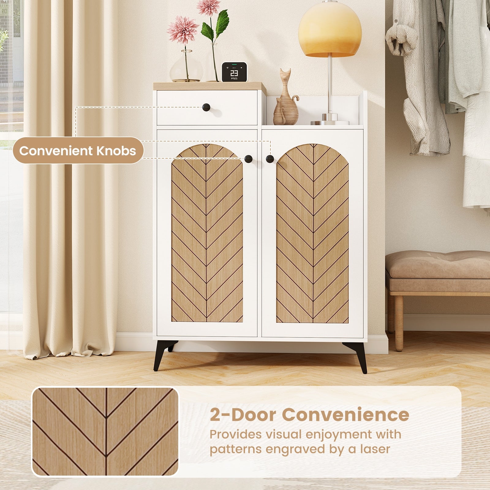 2-Door Shoe Rack Organizer with Drawer and 6 Removable Shelves, White Shoe Racks & Storage Benches at Gallery Canada