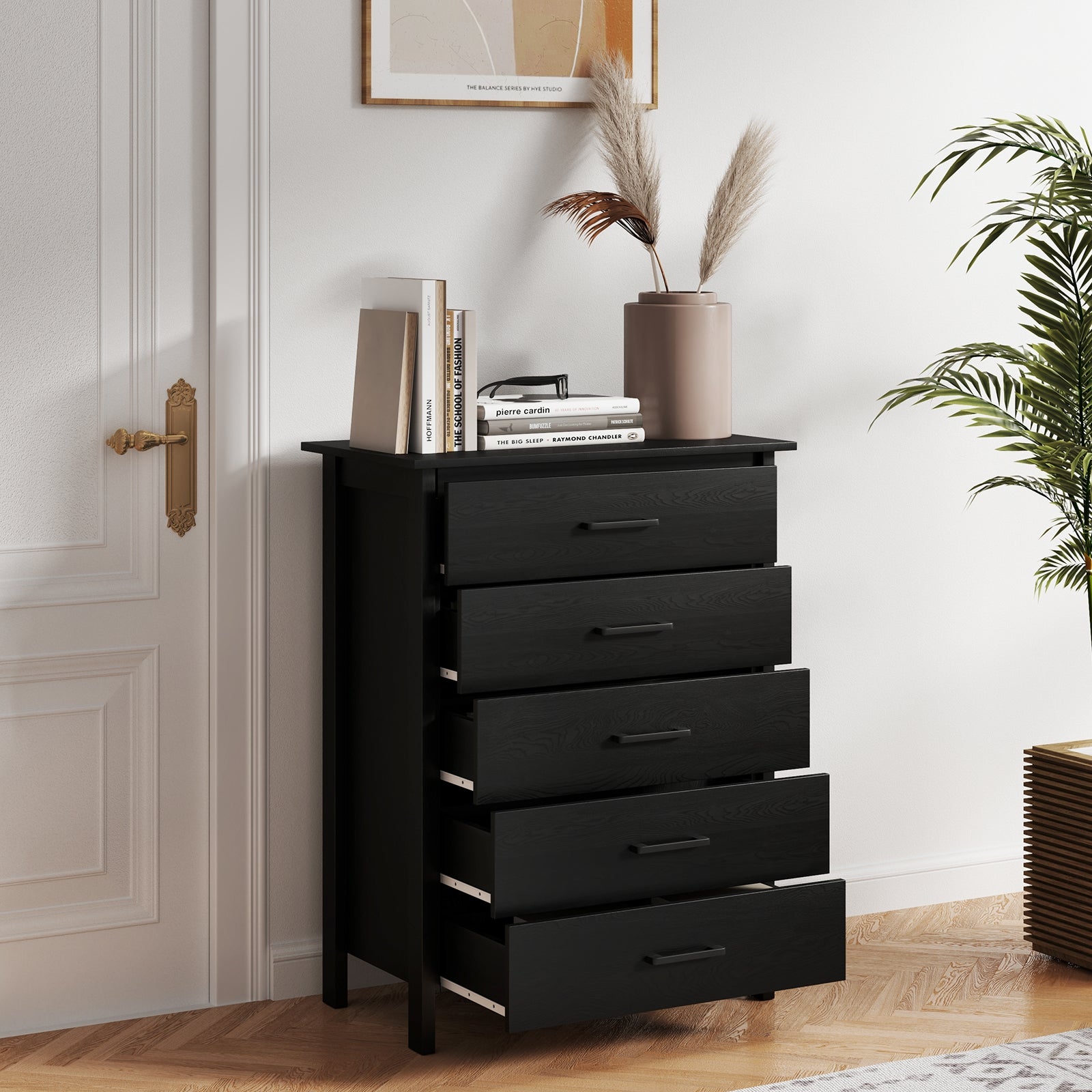 Modern 5-Drawer Multipurpose Chest Dresser with Metal Handles, Black Dressers & Chests at Gallery Canada