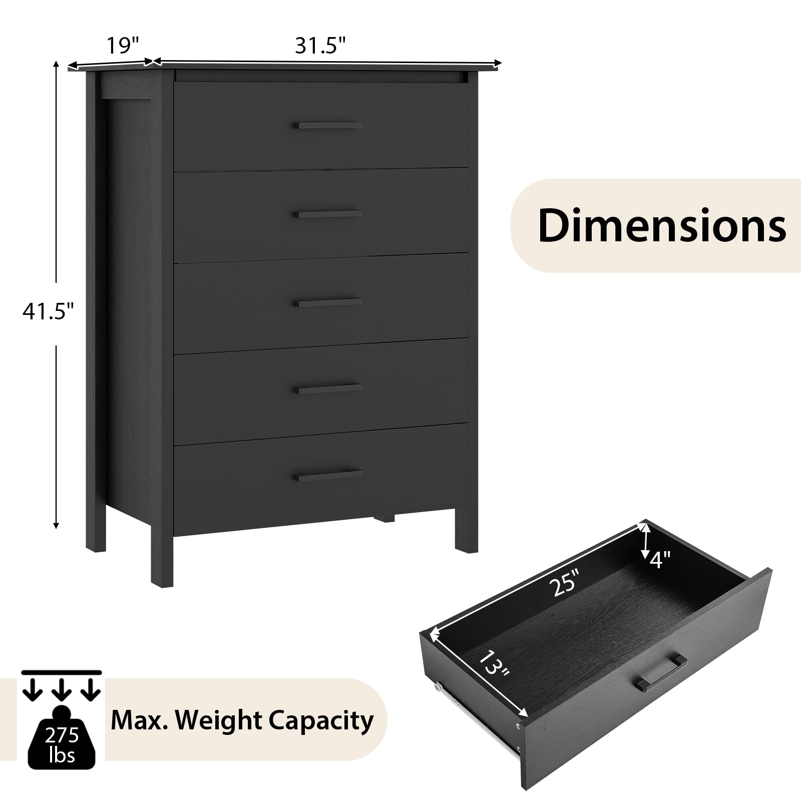 Modern 5-Drawer Multipurpose Chest Dresser with Metal Handles, Black Dressers & Chests at Gallery Canada