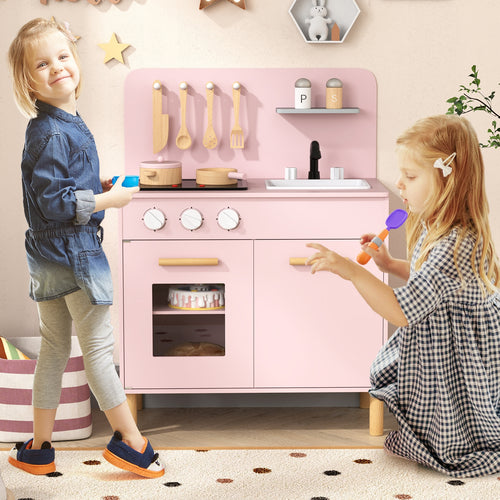 Kids Kitchen Playset with Cooking Accessories and Storage, Pink