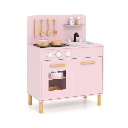 Kids Kitchen Playset with Cooking Accessories and Storage, Pink