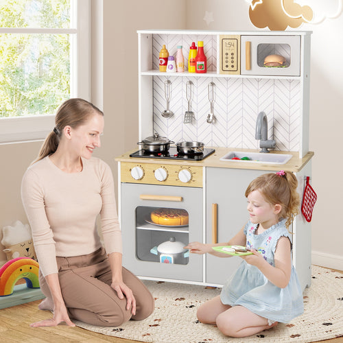 Kids Kitchen Playset with Lights Sounds Microwave Stoves Sink Oven and Cooking Accessories, White