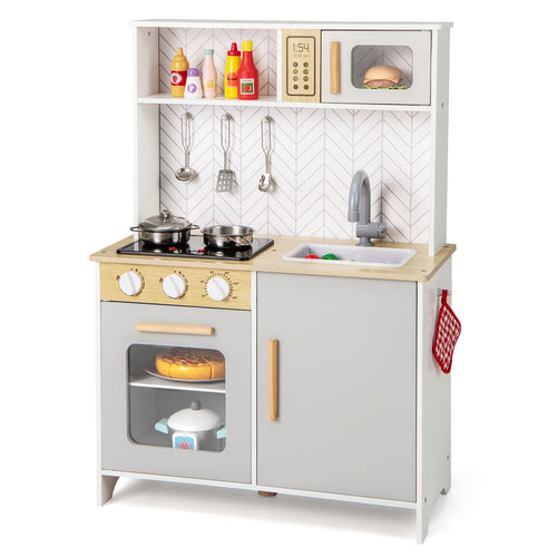 Kids Kitchen Playset with Lights Sounds Microwave Stoves Sink Oven and Cooking Accessories, White