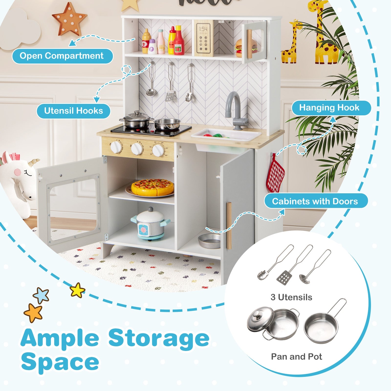 Kids Kitchen Playset with Lights Sounds Microwave Stoves Sink Oven and Cooking Accessories, White Play Kitchen Sets at Gallery Canada