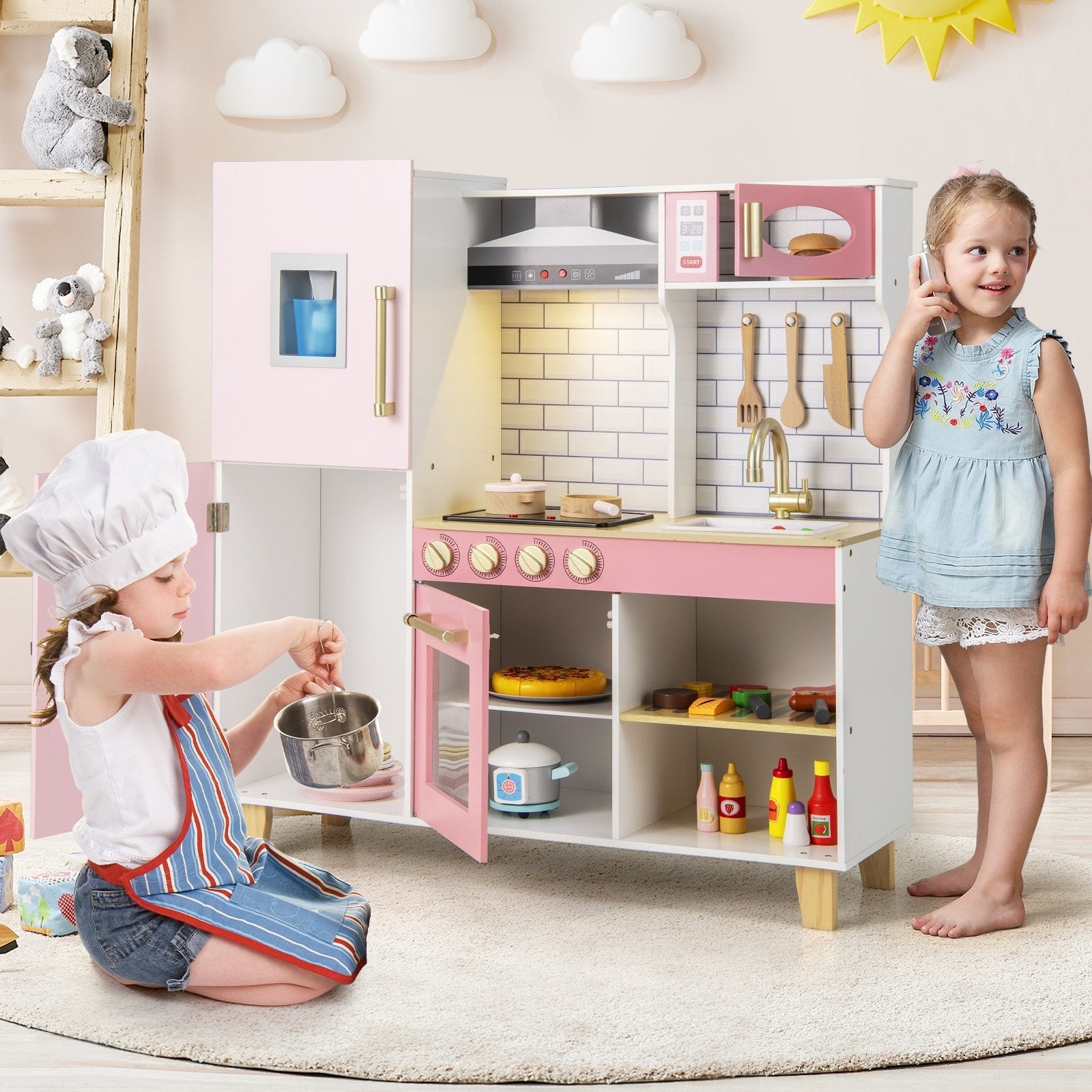 Wooden Pretend Play Kitchen with Ice Maker Range Hood and Blackboard, Pink Play Kitchen Sets at Gallery Canada