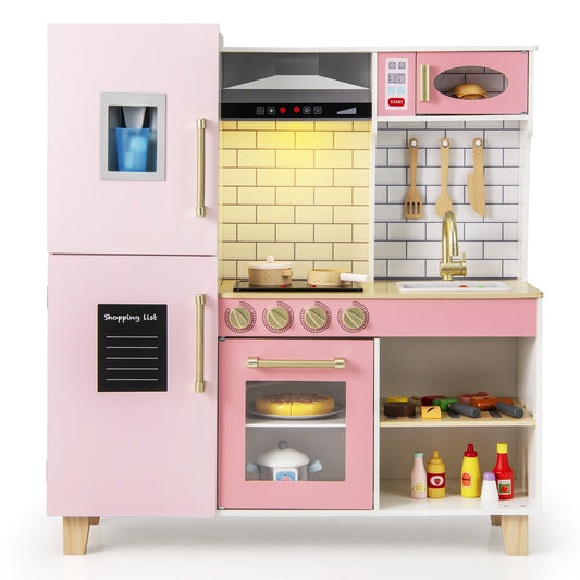 Wooden Pretend Play Kitchen with Ice Maker Range Hood and Blackboard, Pink Play Kitchen Sets Pink at Gallery Canada