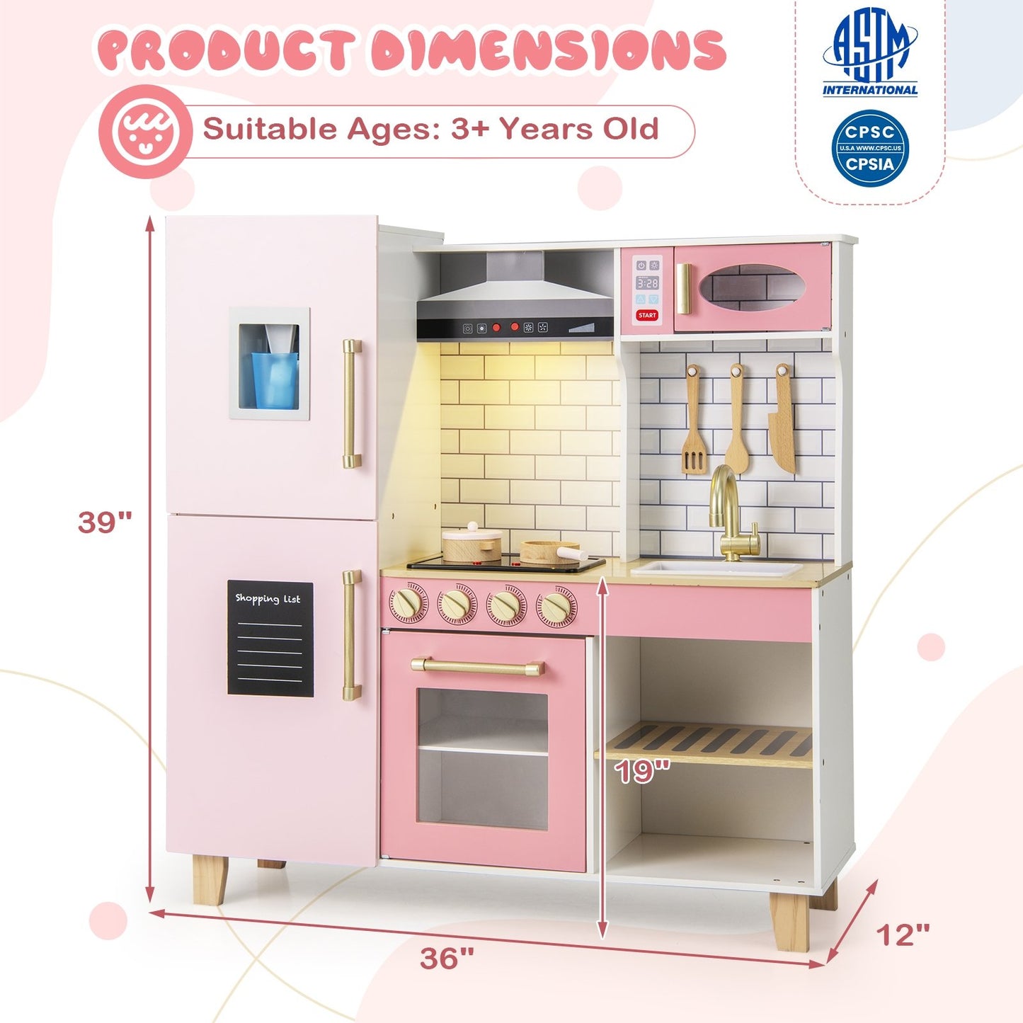 Wooden Pretend Play Kitchen with Ice Maker Range Hood and Blackboard, Pink Play Kitchen Sets at Gallery Canada