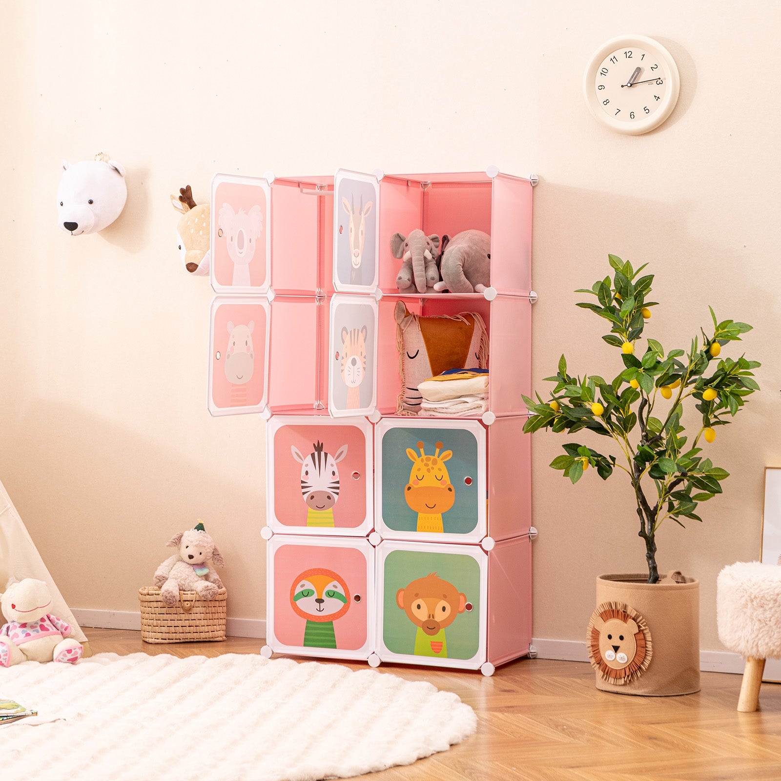 8-Cube Kids Wardrobe Closet with Clothes Hanging Section and Doors, Pink Kids Storage   at Gallery Canada