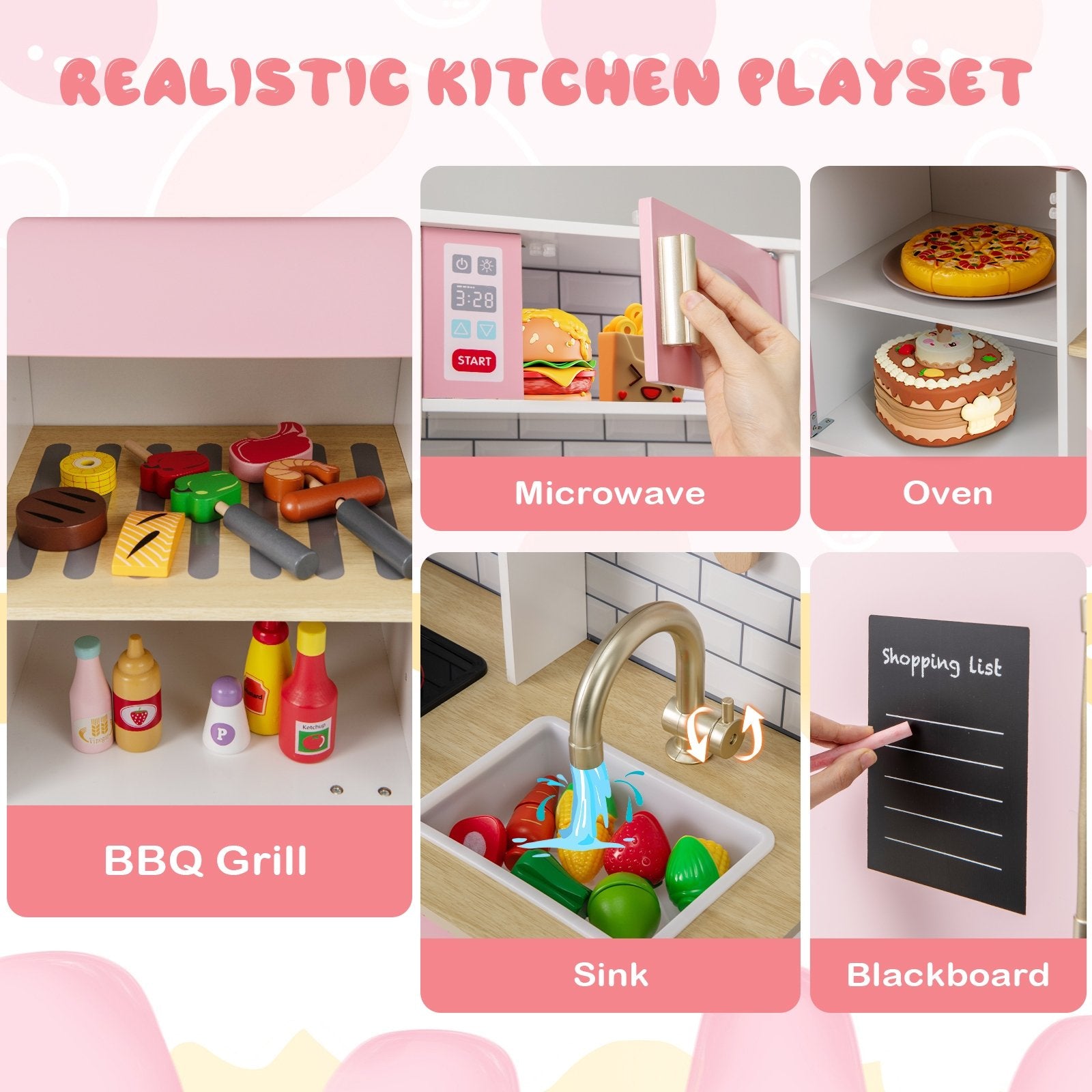 Wooden Pretend Play Kitchen with Ice Maker Range Hood and Blackboard, Pink Play Kitchen Sets at Gallery Canada