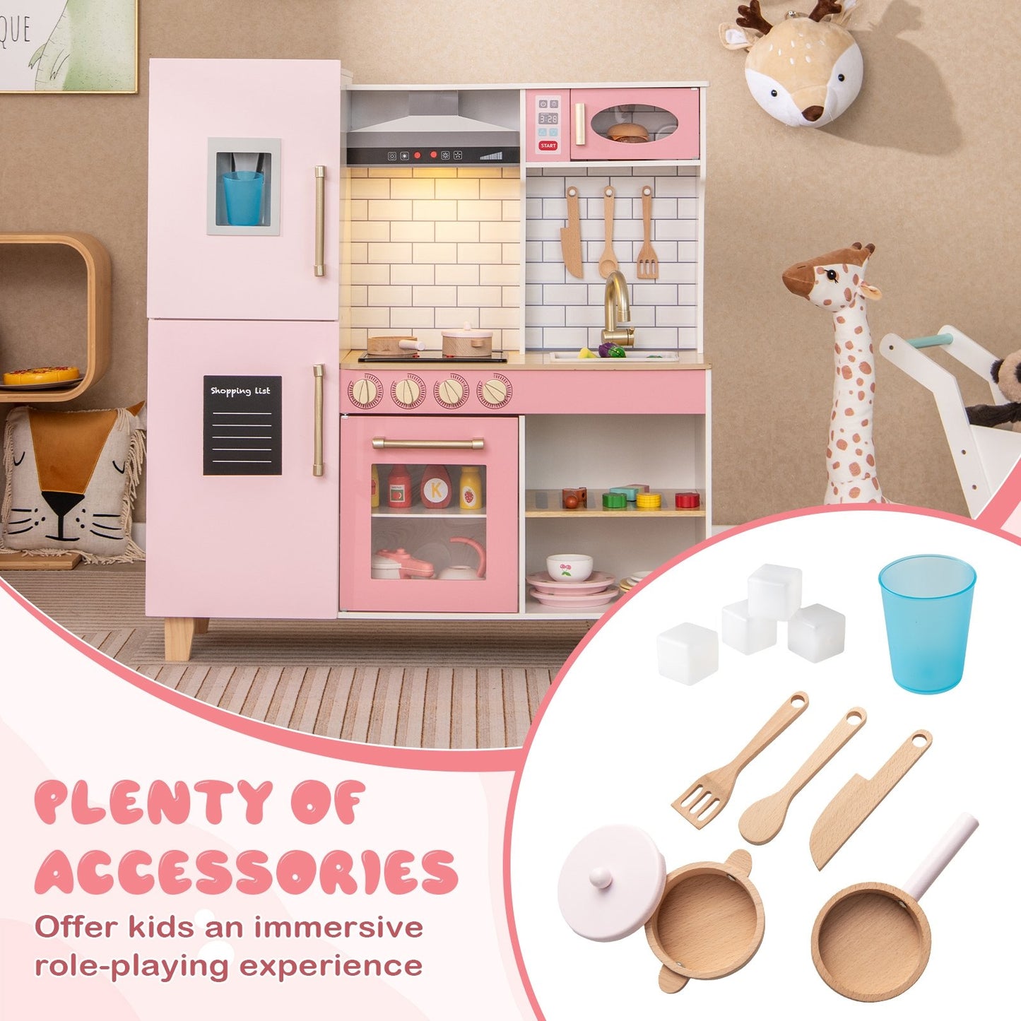 Wooden Pretend Play Kitchen with Ice Maker Range Hood and Blackboard, Pink Play Kitchen Sets at Gallery Canada