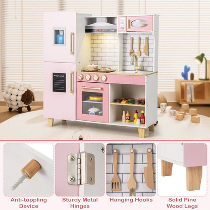 Wooden Pretend Play Kitchen with Ice Maker Range Hood and Blackboard, Pink Play Kitchen Sets at Gallery Canada