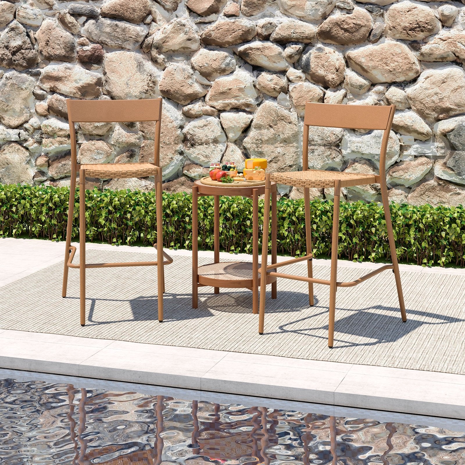 Patio Barstools Set of 2 with Rattan Seat and Metal Backrest, Light Brown Patio Dining Chairs at Gallery Canada