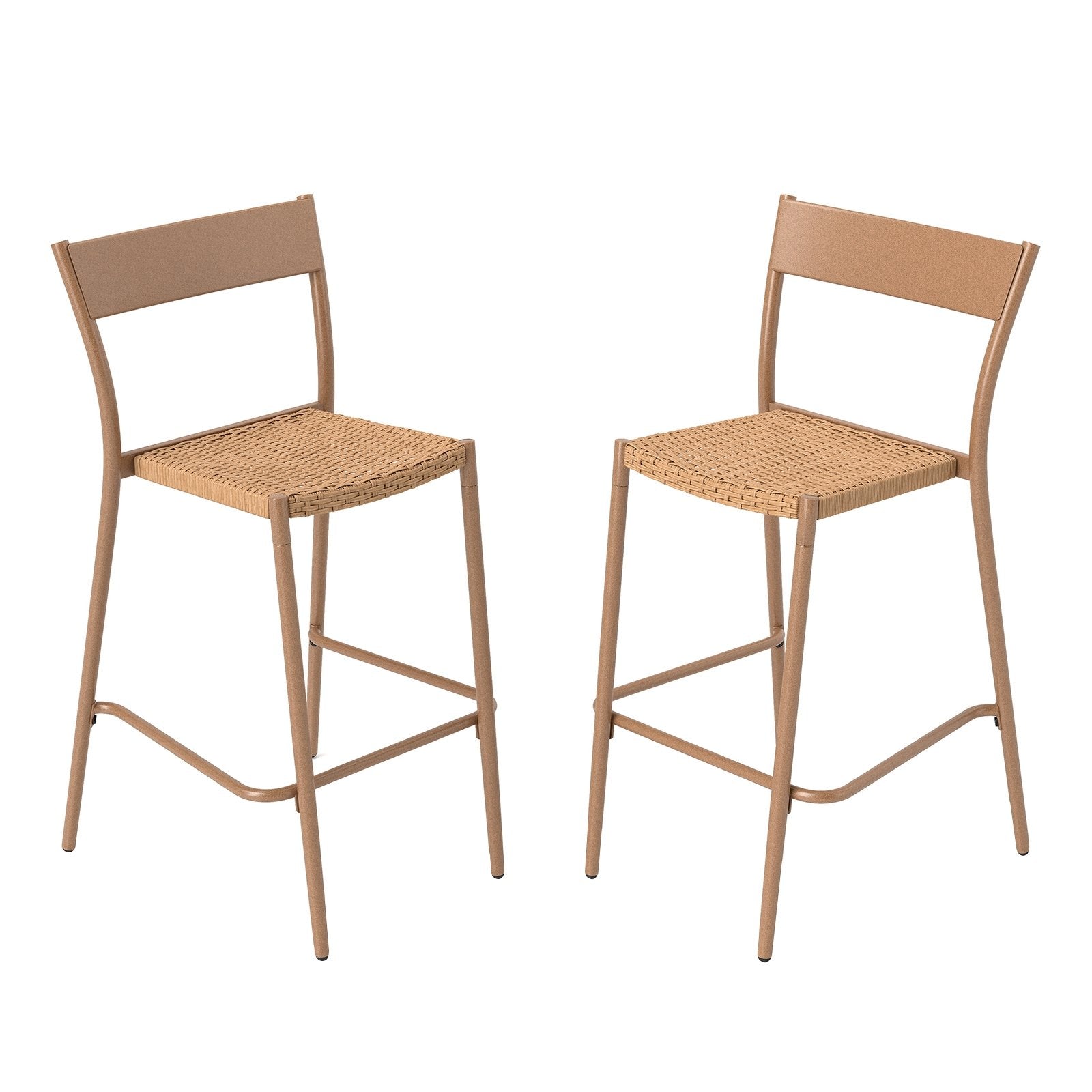 Patio Barstools Set of 2 with Rattan Seat and Metal Backrest, Light Brown Patio Dining Chairs Light Brown at Gallery Canada