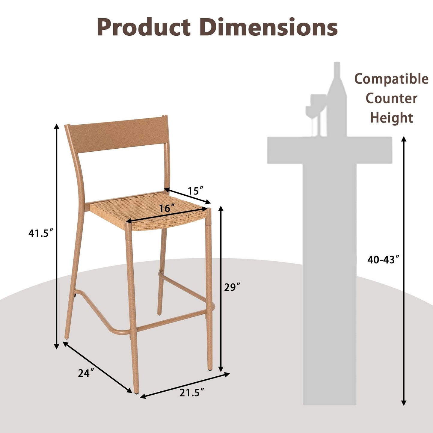 Patio Barstools Set of 2 with Rattan Seat and Metal Backrest, Light Brown Patio Dining Chairs at Gallery Canada