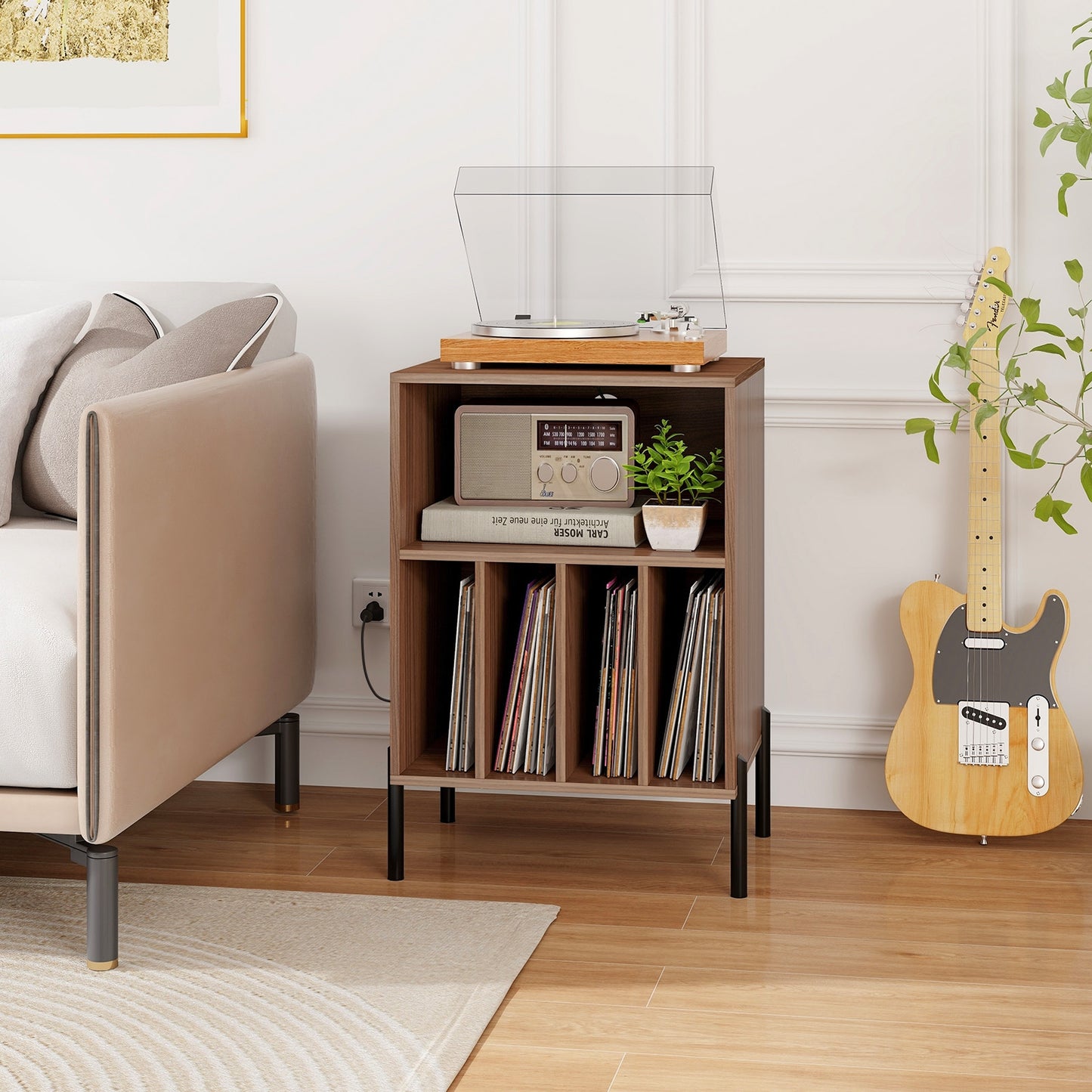 Record Player Stand with Record Storage Shelf and Charging Station, Walnut End & Side Tables   at Gallery Canada