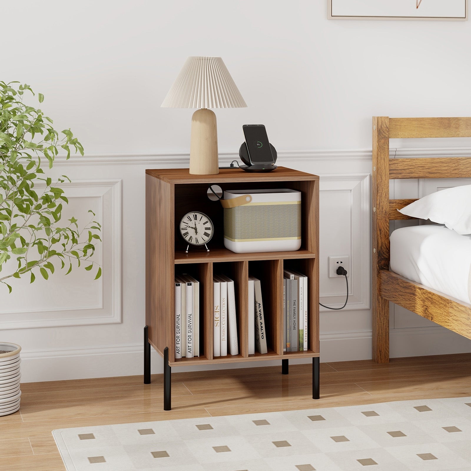 Record Player Stand with Record Storage Shelf and Charging Station, Walnut End & Side Tables   at Gallery Canada