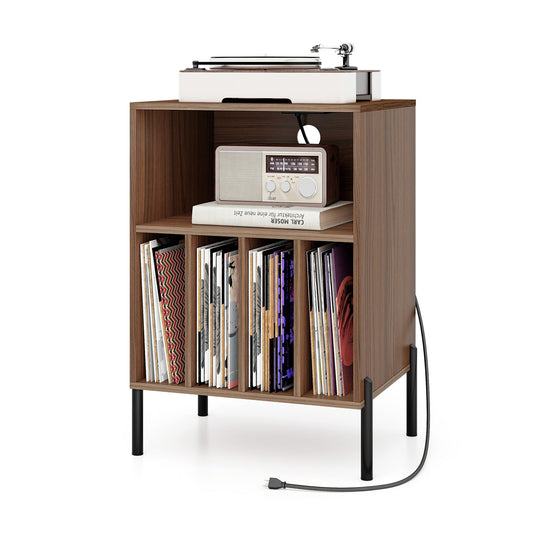 Record Player Stand with Record Storage Shelf and Charging Station, Walnut End & Side Tables Walnut  at Gallery Canada