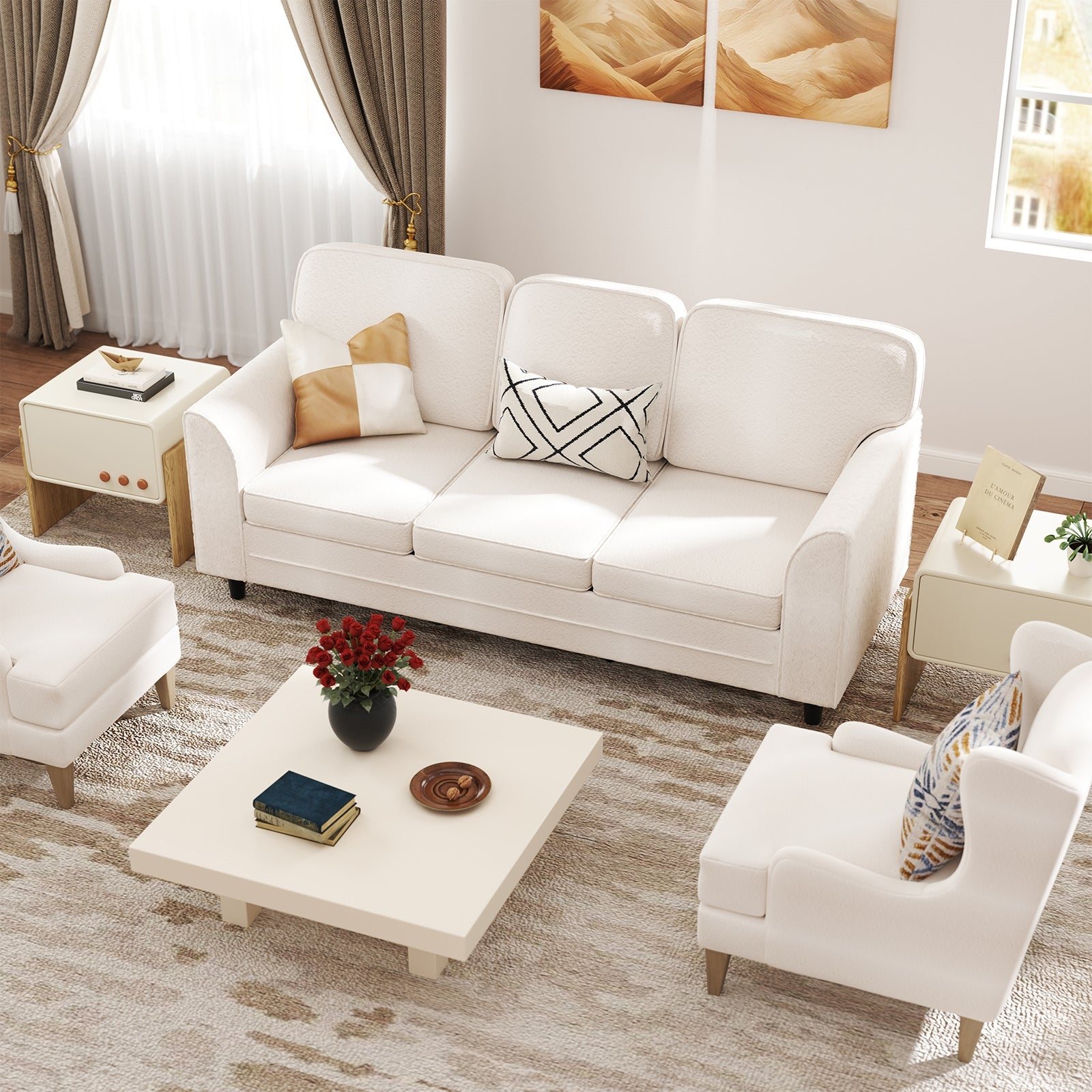 Upholstered Teddy Velvet 3-Seat Sofa with Comfy Back Pillows, White Sofas & Loveseats at Gallery Canada