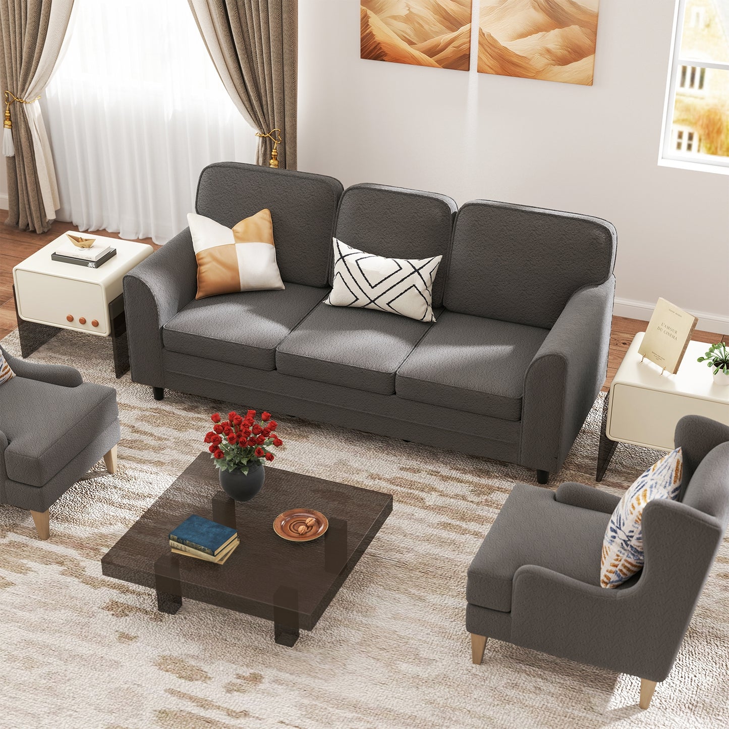 Upholstered Teddy Velvet 3-Seat Sofa with Comfy Back Pillows, Gray Sofas & Loveseats at Gallery Canada