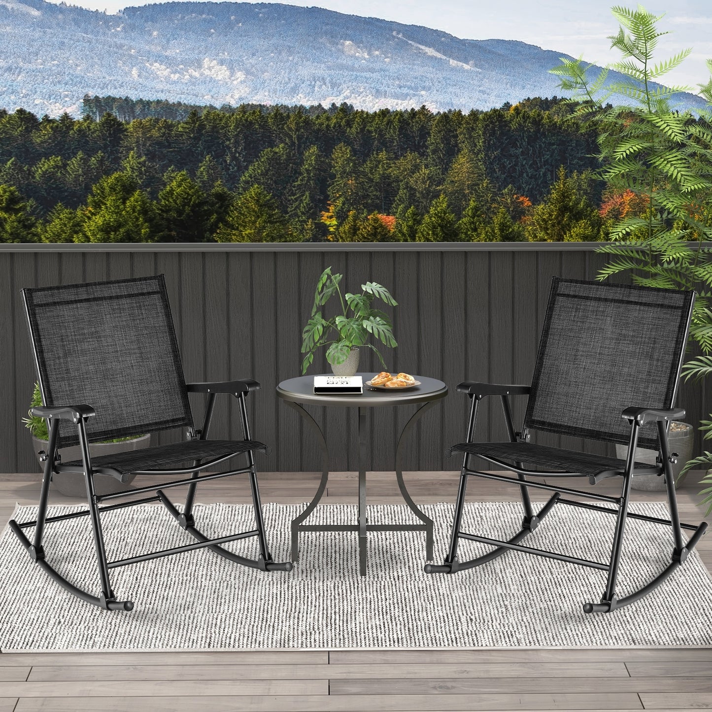 Folding Rocking Chair with Breathable Seat Fabric Set of 2, Black Patio Rocking Chairs & Gliders at Gallery Canada