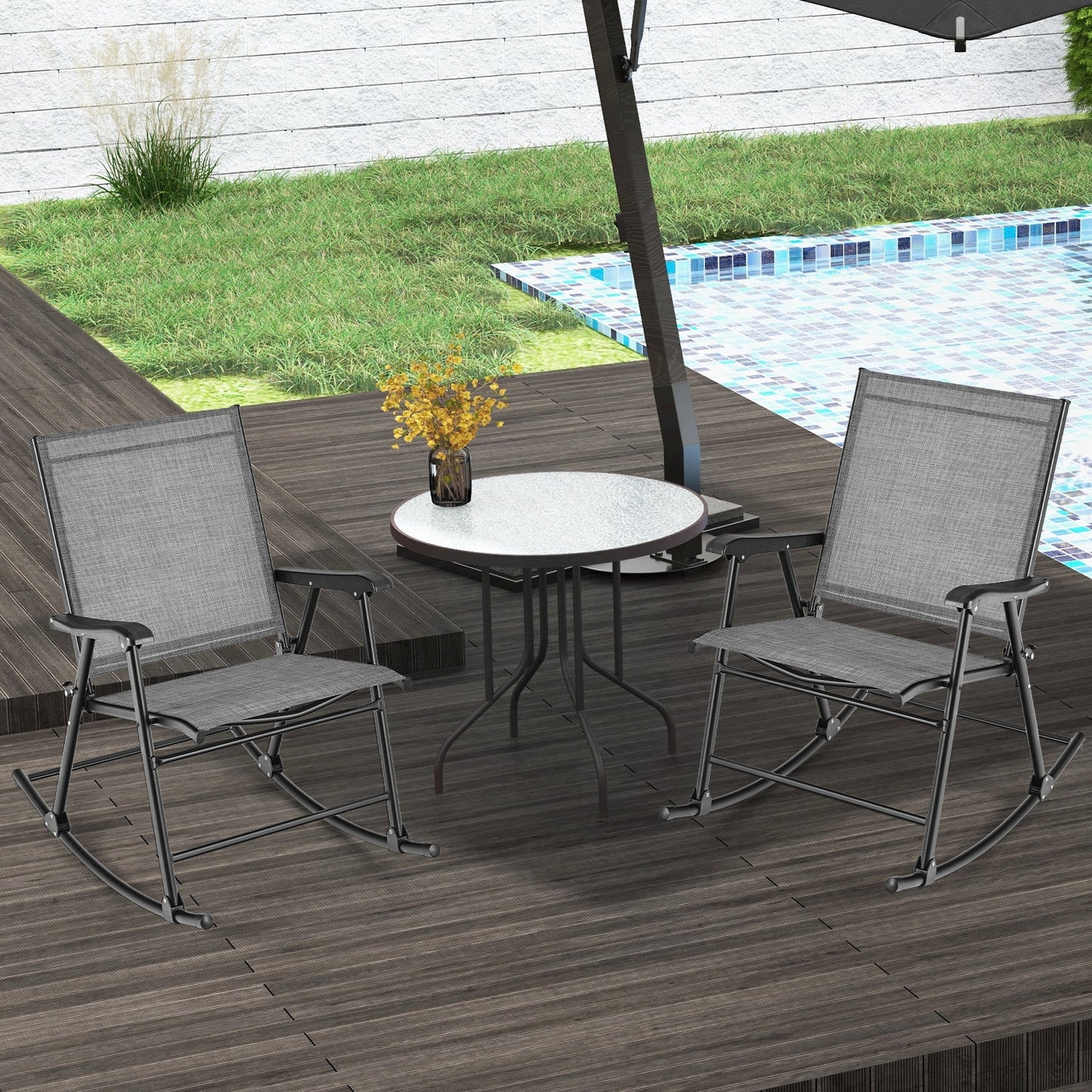 Folding Rocking Chair with Breathable Seat Fabric Set of 2, Gray Patio Rocking Chairs & Gliders at Gallery Canada