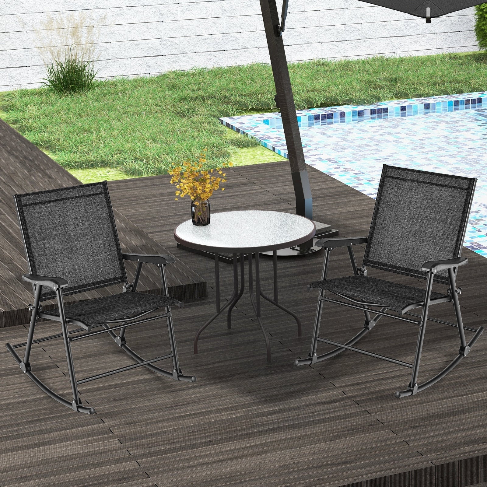 Folding Rocking Chair with Breathable Seat Fabric Set of 2, Black Patio Rocking Chairs & Gliders at Gallery Canada