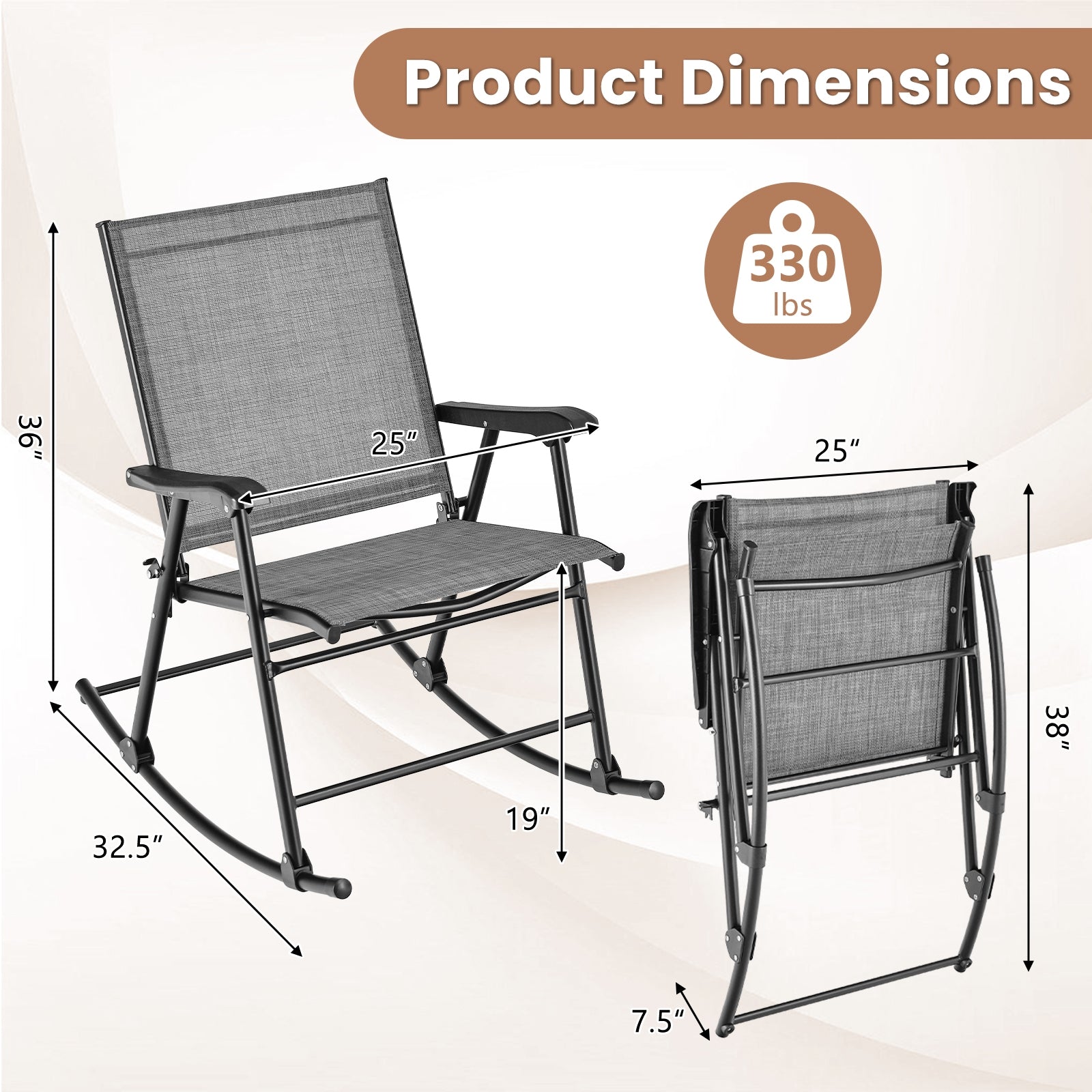 Folding Rocking Chair with Breathable Seat Fabric Set of 2, Gray Patio Rocking Chairs & Gliders at Gallery Canada