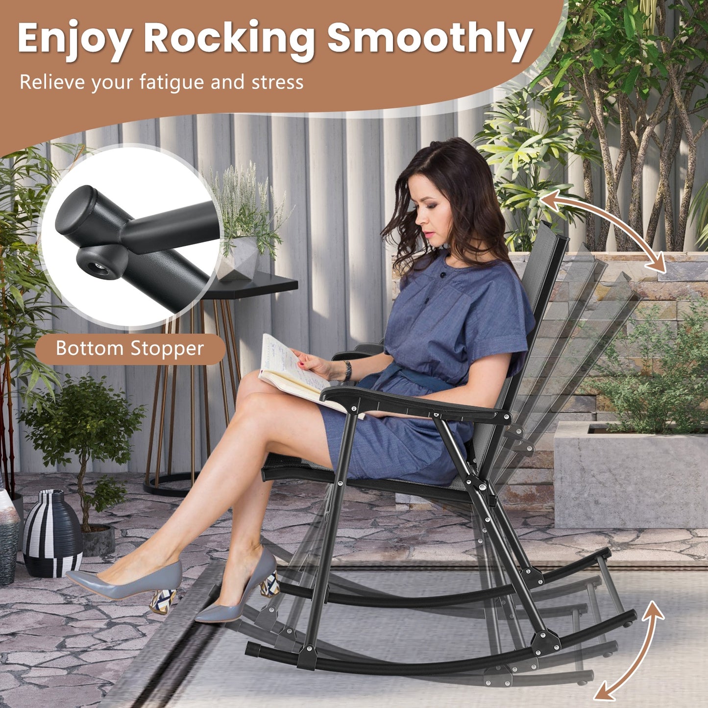 Folding Rocking Chair with Breathable Seat Fabric Set of 2, Gray Patio Rocking Chairs & Gliders at Gallery Canada