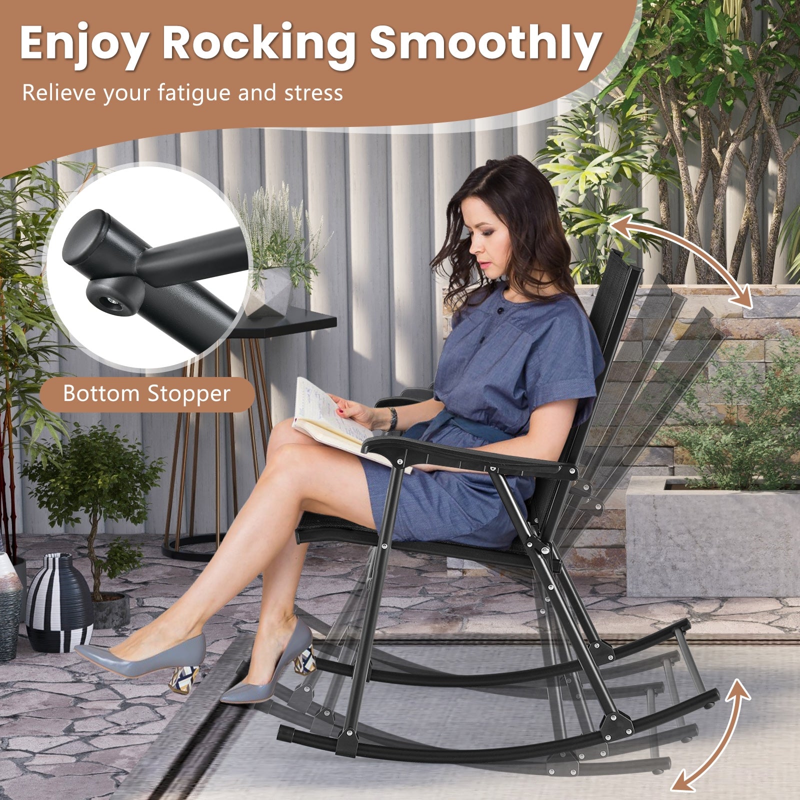 Folding Rocking Chair with Breathable Seat Fabric Set of 2, Black Patio Rocking Chairs & Gliders at Gallery Canada