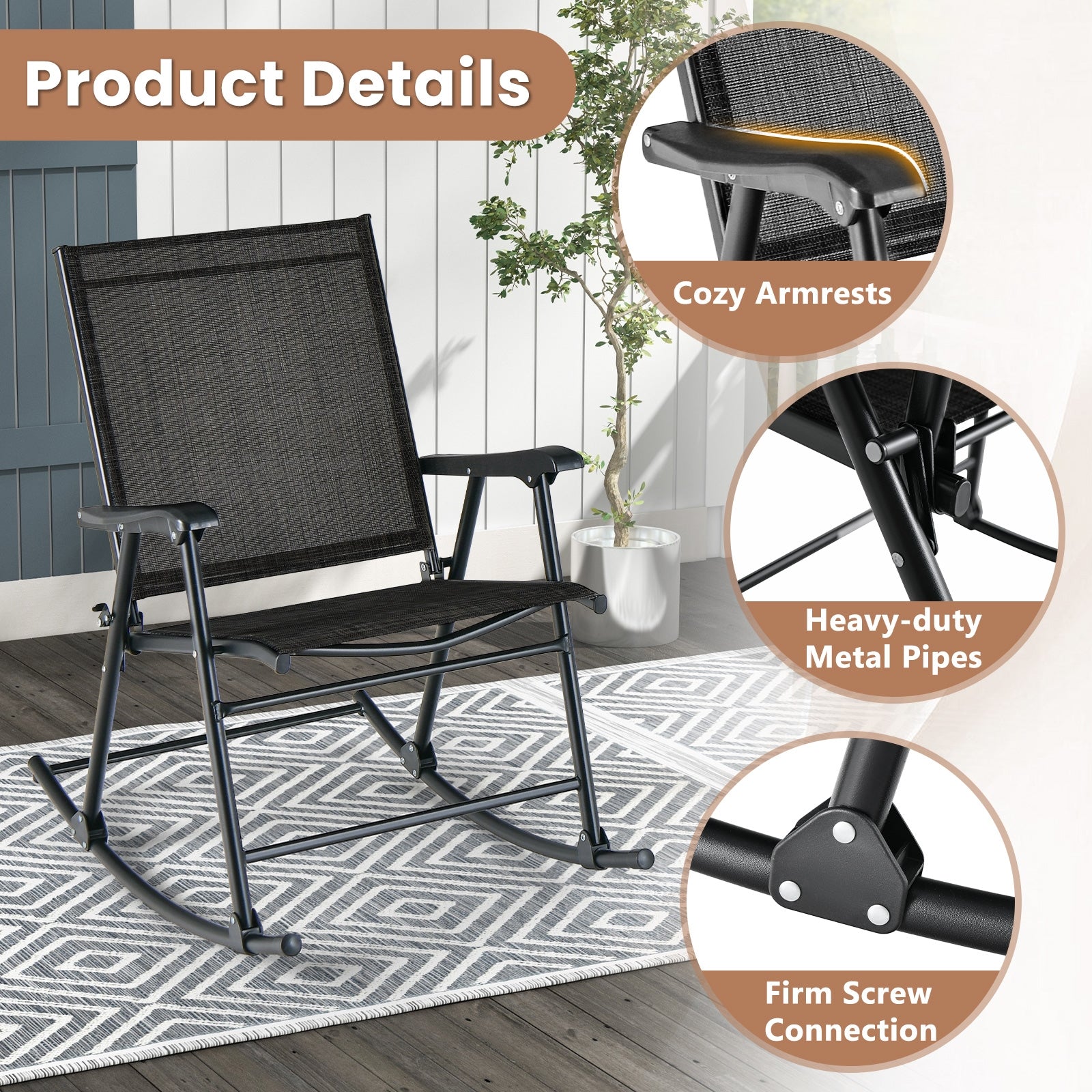 Folding Rocking Chair with Breathable Seat Fabric Set of 2, Black Patio Rocking Chairs & Gliders at Gallery Canada