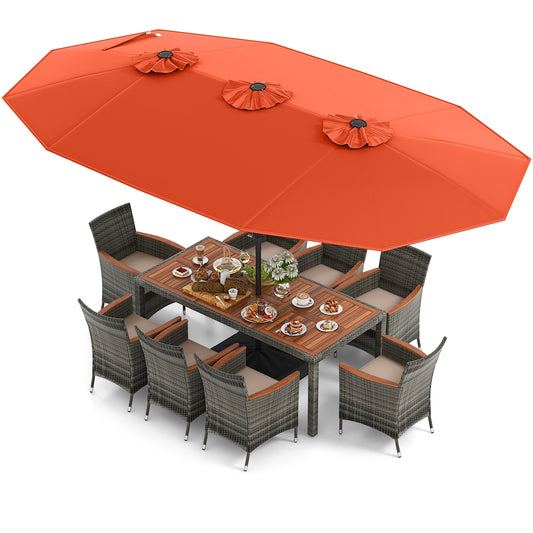 10 Pieces Patio Wicker Dining Set with 15 Feet Double-Sided Patio Umbrella, Orange Patio Dining Sets Orange  at Gallery Canada