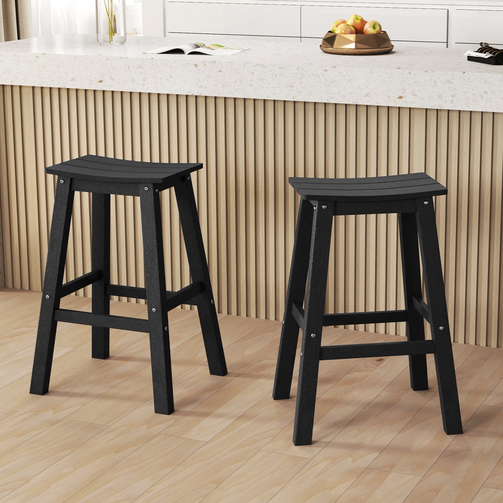 29 Inch HDPE Patio Bar Stool Set of 2 Armless Saddle Stools, Black Bar Stools at Gallery Canada