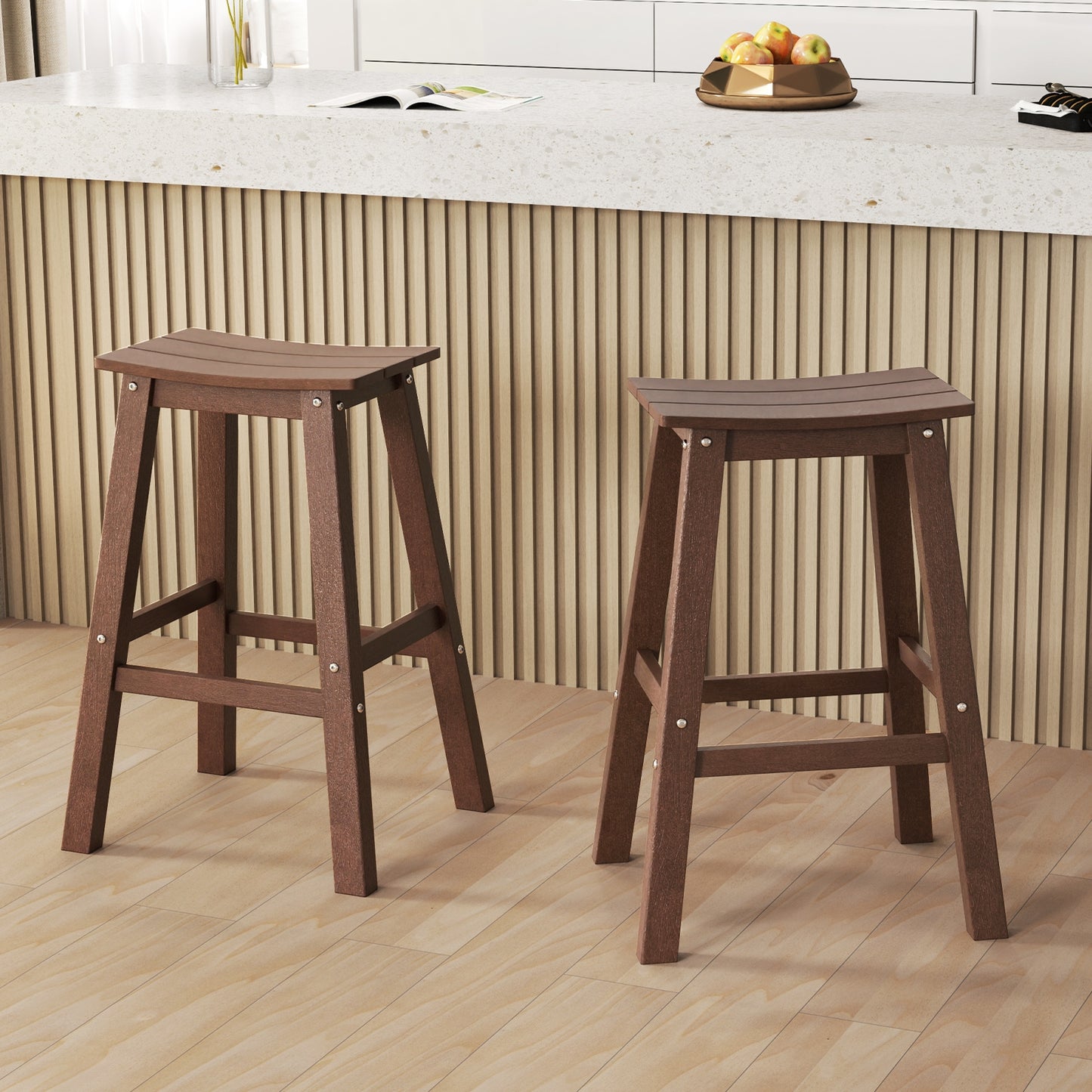 29 Inch HDPE Patio Bar Stool Set of 2 Armless Saddle Stools, Brown Bar Stools at Gallery Canada