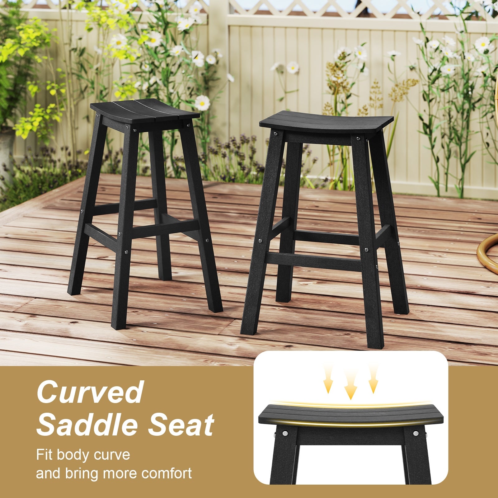 29 Inch HDPE Patio Bar Stool Set of 2 Armless Saddle Stools, Black Bar Stools at Gallery Canada