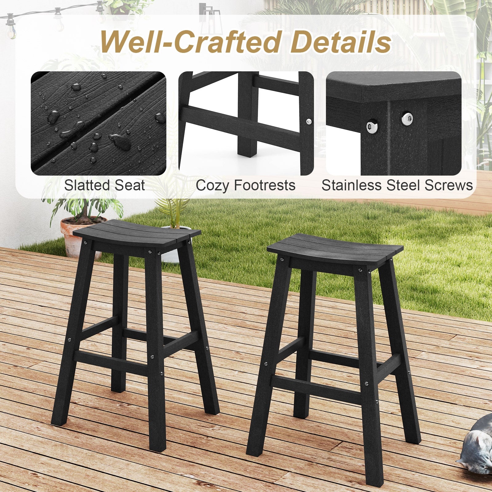 29 Inch HDPE Patio Bar Stool Set of 2 Armless Saddle Stools, Black Bar Stools at Gallery Canada