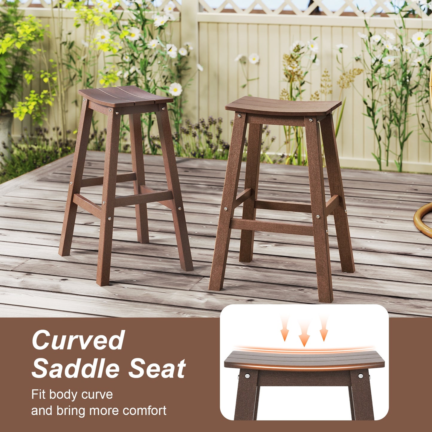 29 Inch HDPE Patio Bar Stool Set of 2 Armless Saddle Stools, Brown Bar Stools at Gallery Canada